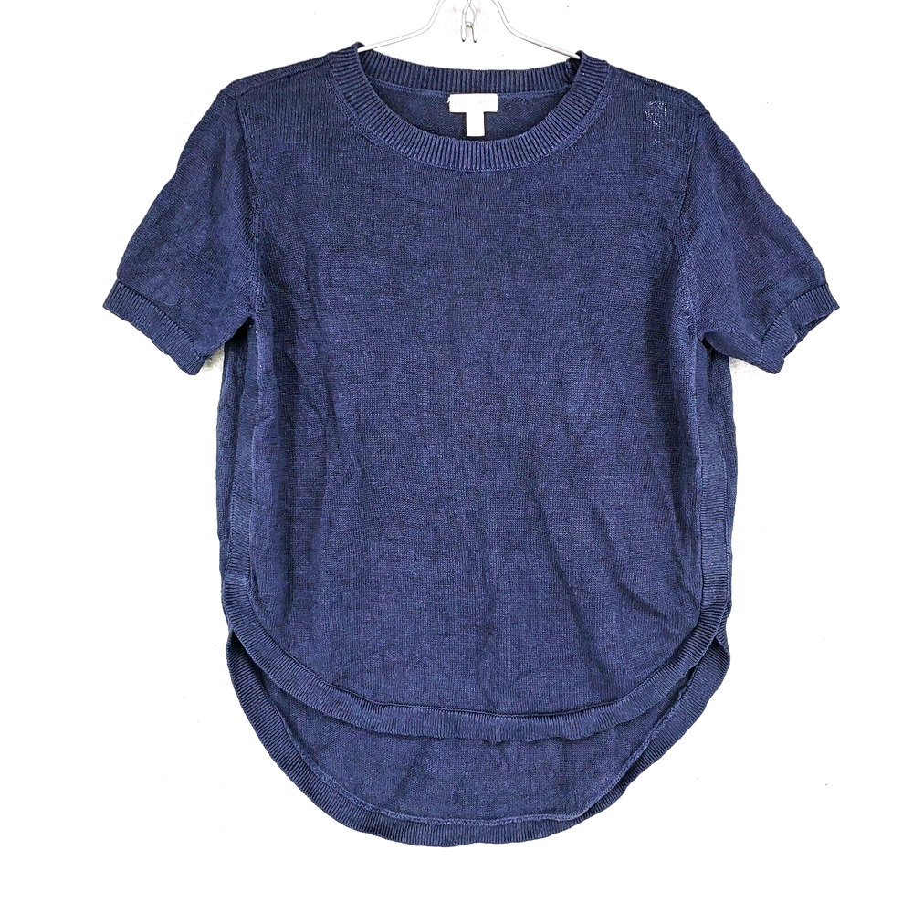 Garnet Hill Knit XS Short Sleeve 100% Linen Sweater Top High Low Hem Navy Blue